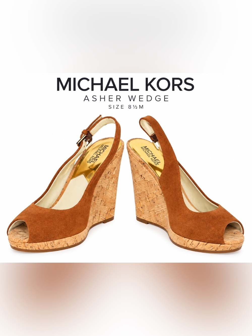 Michael Kors Asher Suede Cork Wedge Sandals 8.5M Cognac Peep Toe Slingback